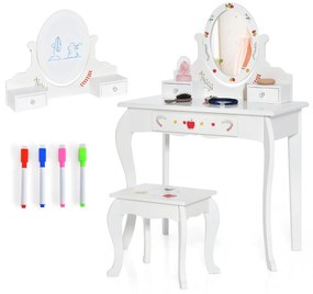 Toucador e banco infantil com espelho giratório 360° e quadro branco 3 gavetas branco