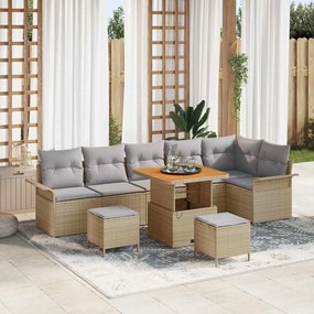 vidaXL Conjunto de Sofá de Jardim de 9 Peças com Almofadas Bege Rattan Sintético Acácia