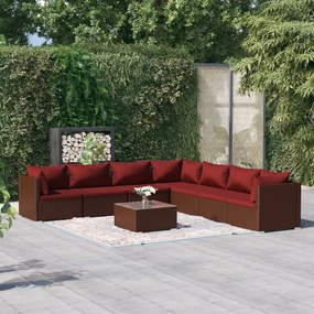 vidaXL 8 pcs conjunto lounge jardim c/ almofadões vime PE castanho