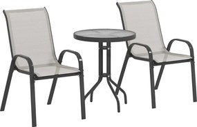 Outsunny Conjunto de Jardim de 3 Peças com Mesa Redonda Tampo de Vidro e Cadeiras Empilháveis para Exteriores Cinzento Claro | Aosom Portugal