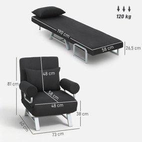 Poltrona reclinável convertível em sofá-cama de 1 lugar, com almofada lombar, braços e base em metal, em linho preto