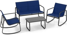 Móveis de jardim exterior 4 peças 2 cadeiras de baloiço e sofá de 2 lugares com mesa com tampo de vidro azul marinho