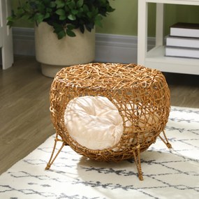 Cama para gatos Ø 40 x 32 cm,, cesto para gatos, casinha de rattan para gatos, almofada grossa, castanho claro