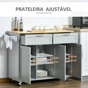 Carrinho de Cozinha com Rodas Carrinho de Cozinha Multiuso com 2 Gavetas 3 Portas Prateleiras Ajustáveis e Barra para Sala de Jantar 121x46x91cm Cinza