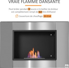 Lareira de bioetanol de parede para encastrar, queimador de 0,9 L, cerca de 3 horas de autonomia, 80 x 14 x 54 cm, cobertura de 25-30 m², aço inoxidáv