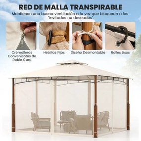 Pérgula 3,6 x 3 m com rede 2 níveis Telhado com estrutura metálica Tenda de jardim com telhado duplo para pátio exterior Terraço Bege