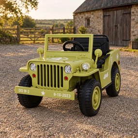 Jipe Militar elétrico para Crianças Retro Military, 12V 4x4, Rodas Espuma EVA, assento couro ecológico Bege