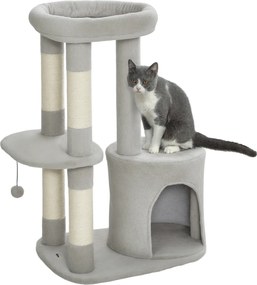 Arranhador  para gatos com torre de brincadeiras, arranhadores, plataforma, compartimentos abertos, bola e tecido felpudo, 60 x 45 x 90 cm, cinzento c