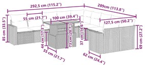 11 pcs conjunto sofás de jardim c/ almofadões vime PE bege