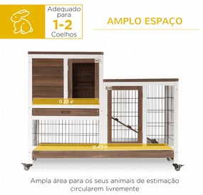 Coelheira de Madeira Interior com Rodas Gaiola para Coelhos Animais Pequenos de 2 Pisos com Área Aberta Rampa e 2 Bandejas Removíveis 110x50x86cm Marr