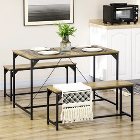Conjunto de mesa de jantar e 2 bancos com estrutura em aço para 4 pessoas, para cozinha, sala de jantar e sala de estar, em tons naturais e pretos