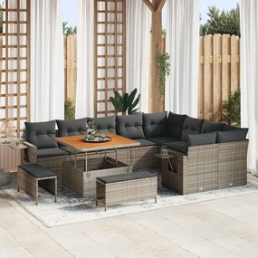 Conjunto de Sofá de Jardim com 12 Peças e Almofadas Cinza Rattan Poliéster Acácia
