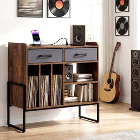 Suporte para discos de vinil 76 x 35,5 x 68,5 cm com gavetas em tecido cinzento escuro e 5 compartimentos preto e castanho