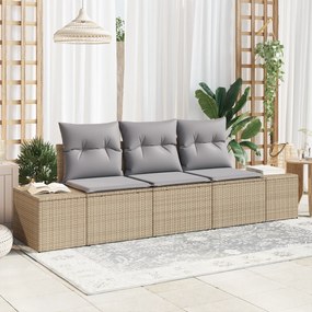 vidaXL Conjunto de Sofá de Jardim com Almofadas 3 Peças Bege Rattan Sintético