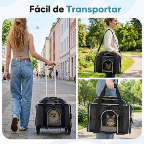 Transportadora para Animais de Estimação, 46 x 29 x 28 cm, 3 em 1 com Rodas Removíveis, Preto