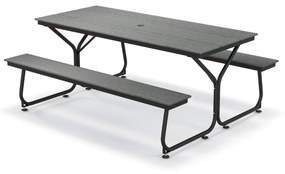 Conjunto de mesa de piquenique para exterior e 2 bancos para 8 adultos com estrutura metálica e tampo de mesa em PEAD para jardim, pátio e campismo Ci