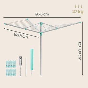 Estendal de roupa giratório139,4 x 139,4 x (120-180) cm , com altura ajustável, verde e prateado