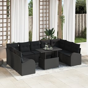 Conjunto de Sofás de Jardim com 10 Peças e Almofadas em Preto Rattan P