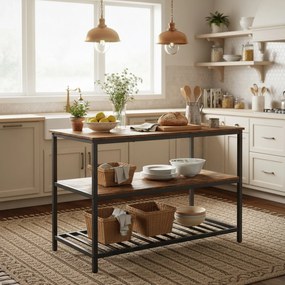 Armário de cozinha com grande bancada 60 x 120 x 90 cm, prateleira para micro-ondas com 3 níveis, estrutura em aço castanho-preto