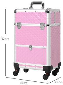 Mala de Maquilhagem Profissional com Gaveta Mala de Maquilhagem com Rodas para Viagem Trabalho 34x25x62 cm Rosa