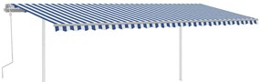 Toldo retrátil manual com postes 6x3,5 m azul e branco