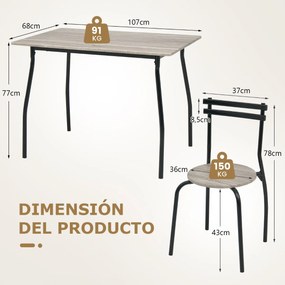 Conjunto de mesa de jantar de 5 peças para 4 pessoas Mesa de jantar retangular e 4 cadeiras sem braços com estrutura de metal natural