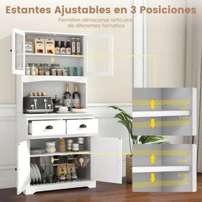 Armário de cozinha com portas de vidro temperado Estantes e gavetas ajustáveis Branco