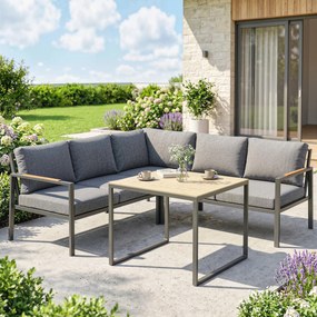 Conjunto de jardim de 3 peças para 5 pessoas, 2 sofás com almofadas grossas, 1 mesa de centro, 183 x 183 x 72 cm, cinzento escuro