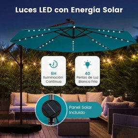 Guarda-sol de 3m com pega 32 luzes LED Painel solar com base de saco de areia pátio jardim piscina Turquesa