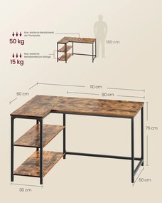 Secretária de canto em forma de L 110 x 80 x 76 cm com estação de carregamento castanho vintage