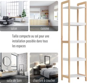 Estante de casa de banho em bambu, modelo vertical, com 3 cestos + 2 prateleiras, 32 x 30 x 130 cm, bege e branco