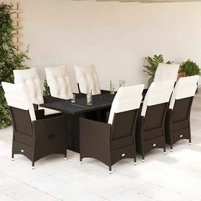 vidaXL 9 pcs conjunto jantar p/ jardim c/ almofadões vime PE castanho