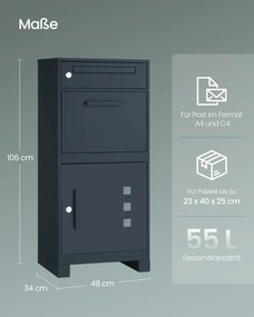 Caixa de correio 34 x 48 x 106 cm com compartimento para encomendas e fechadura de segurança na tampa para envios, cor antracite