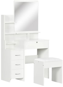 HOMCOM Toucador de Maquilhagem com Banco Espelho 4 Gavetas 4 Compartimentos de Armazenamento Estilo Moderno 80x38x143cm Branco | Aosom Portugal