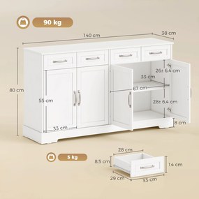 Móvel de Cozinha Shaker, 140 x 38 x 80 cm, 4 Gavetas e 4 Portas, Branco