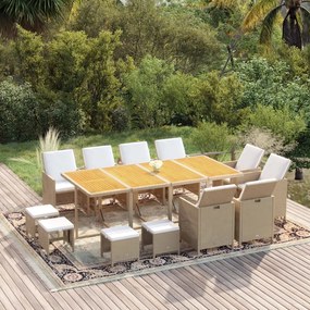 vidaXL 13 pcs conjunto jantar p/ jardim c/ almofadões vime PE bege