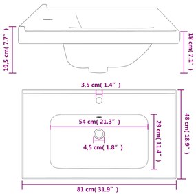 Lavatório casa de banho retangular 81x48x19,5cm cerâmica branco