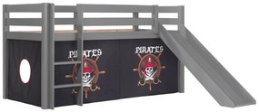 Conjunto Cama alta de Criança PINO 90 x 200 cm + estrado + escada + escorrega + cortina Piratas Cinzenta