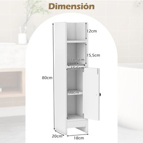 Conjunto de 2 armários de casa de banho 20 cm x 18 cm x 80 cm com porta e estantes ajustáveis, suporte para papel higiénico e organizador para casa de