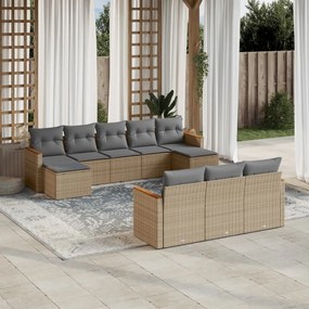 10 pcs conjunto de sofás p/ jardim com almofadões vime PE bege