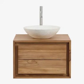 Conjunto De Móvel De Casa De Banho Suspenso Em Madeira De Teca Jabari Madeira De Teca & Cimento Redondo Branco Ø40 Cm Zavion & Sem Espelho - Sklum