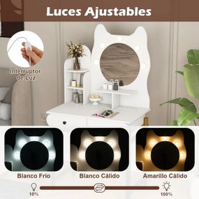 Toucador com espelho e luzes 80 x 50 x 150 cm em forma de gatinho com 3 modos de iluminação e brilho ajustável e 2 gavetas Branca
