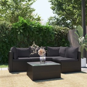 vidaXL 5 pcs conjunto lounge de jardim c/ almofadões vime PE preto