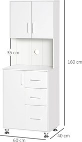 Armário cozinha 60 x 40 x 160 cm, com 3 portas, 3 gavetas e bancada, branco