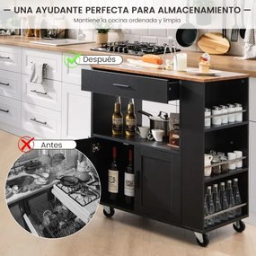 Carrinho de cozinha com rodas com 3 prateleiras abertas para especiarias, gaveta grande com 2 portas e toalheiro 75 x 50 x 92 cm Preto