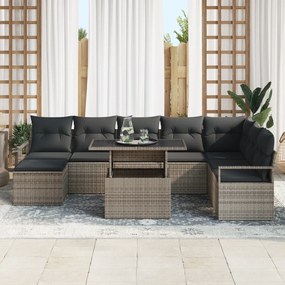 Conjunto de Sofá vidaXL 9 Peças com Almofadas Cinzento Rattan Poliéste