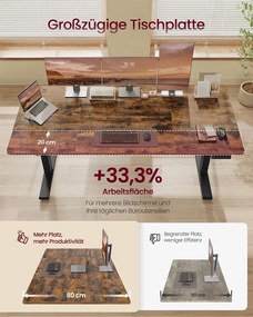 Secretária elétrica com altura ajustável 180 x 80 x (72-120) cm, porta USB e função de memória, castanho vintage