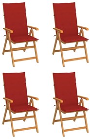 vidaXL Cadeiras de jardim c/ almofadões vermelhos 4 pcs teca maciça