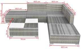 6 pcs conjunto lounge de jardim c/ almofadões vime PE cinzento