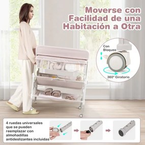 Mesa para trocar fraldas portátil dobrável com rodas impermeável altura ajustável e caixote do lixo para bebés rosa claro